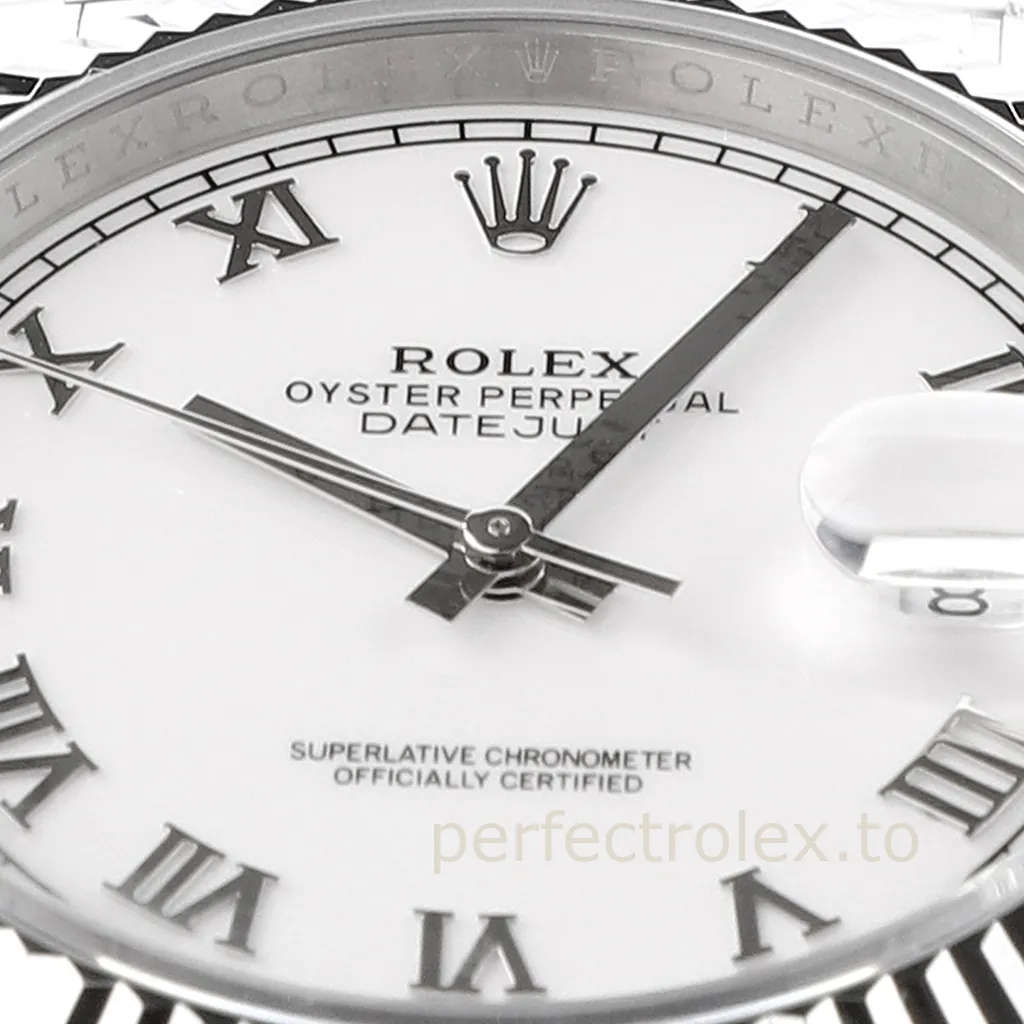 Rolex-Datejust-126334-White-Roman-Numeral-Dial-41mm-904L-Stainless-Steel-Automatic-Replica-Watch-Dial-Detail-2