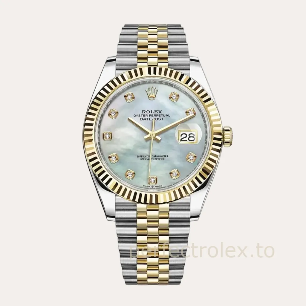 Rolex-Datejust-126333-0018-41mm-White-Mother-of-Pearl-Diamond-Dial-Gold-Super-Clone-Watch-Hero-Image