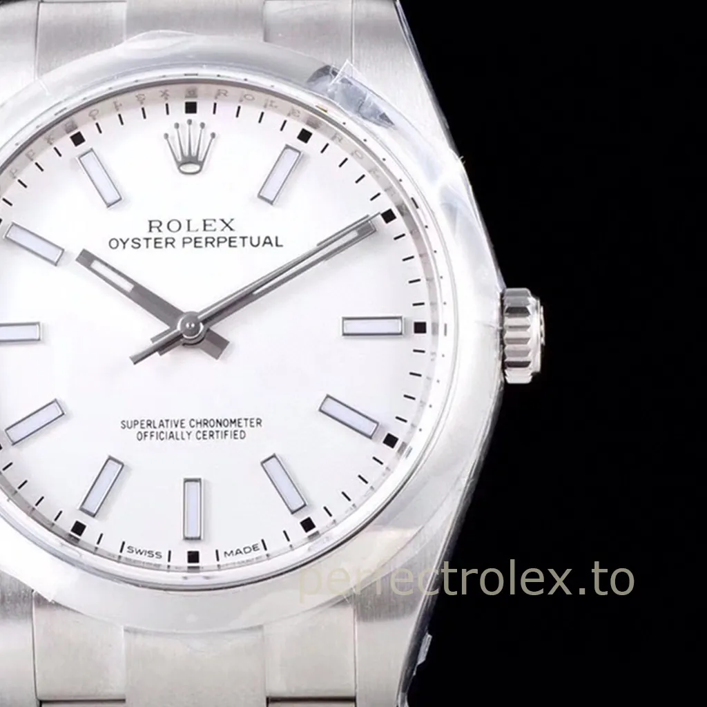 Rolex-Oyster-Perpetual-114300-0004-White-Dial-39mm-904L-Steel-Replica-Watch-Dial-Detail-2
