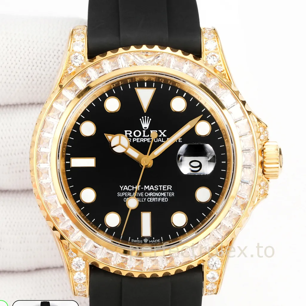 Rolex-Yacht-Master-42mm-Automatic-Black-Dial-Replica-Watch-with-Gold-Tone-904L-Steel-Case-Front-View-1
