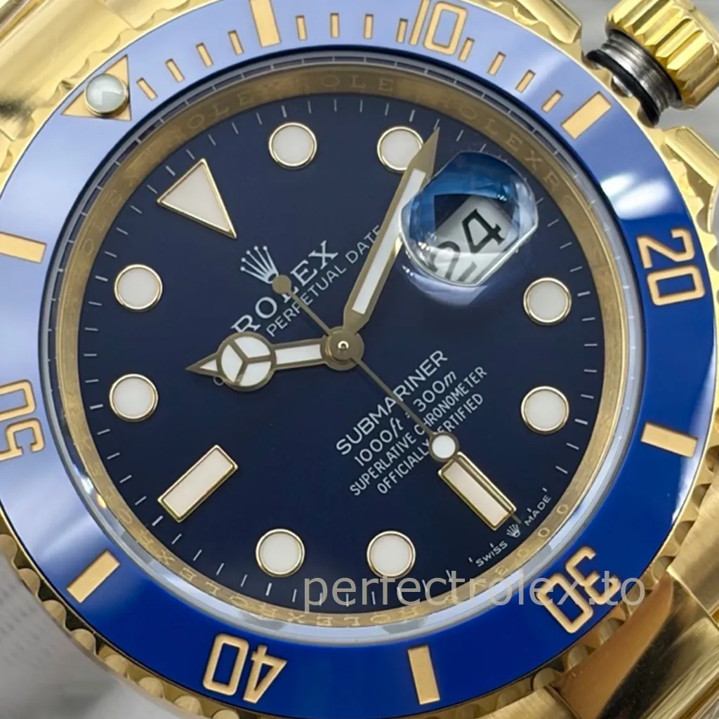 Rolex Oyster Perpetual Submariner Date with blue dial, blue ceramic bezel, yellow gold case, luminous markers, and Cyclops date window.