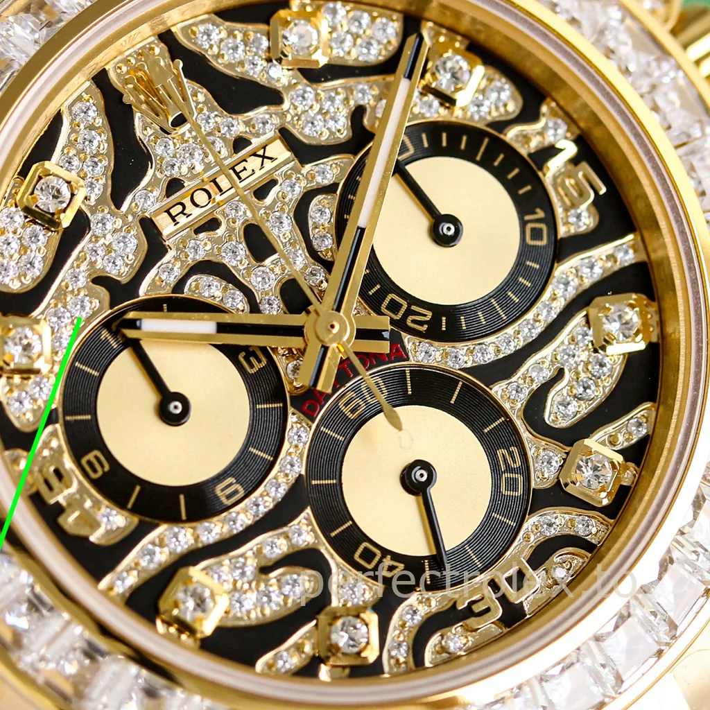 Close-up of a Rolex Cosmograph Daytona luxury watch with a diamond-set skeleton dial, gold hands, black chronograph subdials, and gemstone hour markers.