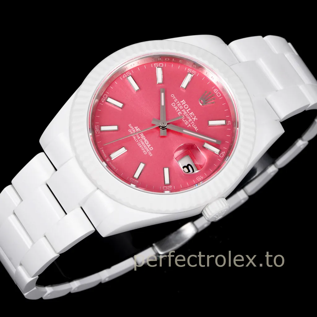 Rolex-Datejust-AET-Remould-White-Ceramic-41mm-Coral-Pink-Dial-Automatic-Replica-Watch-Front-View-1