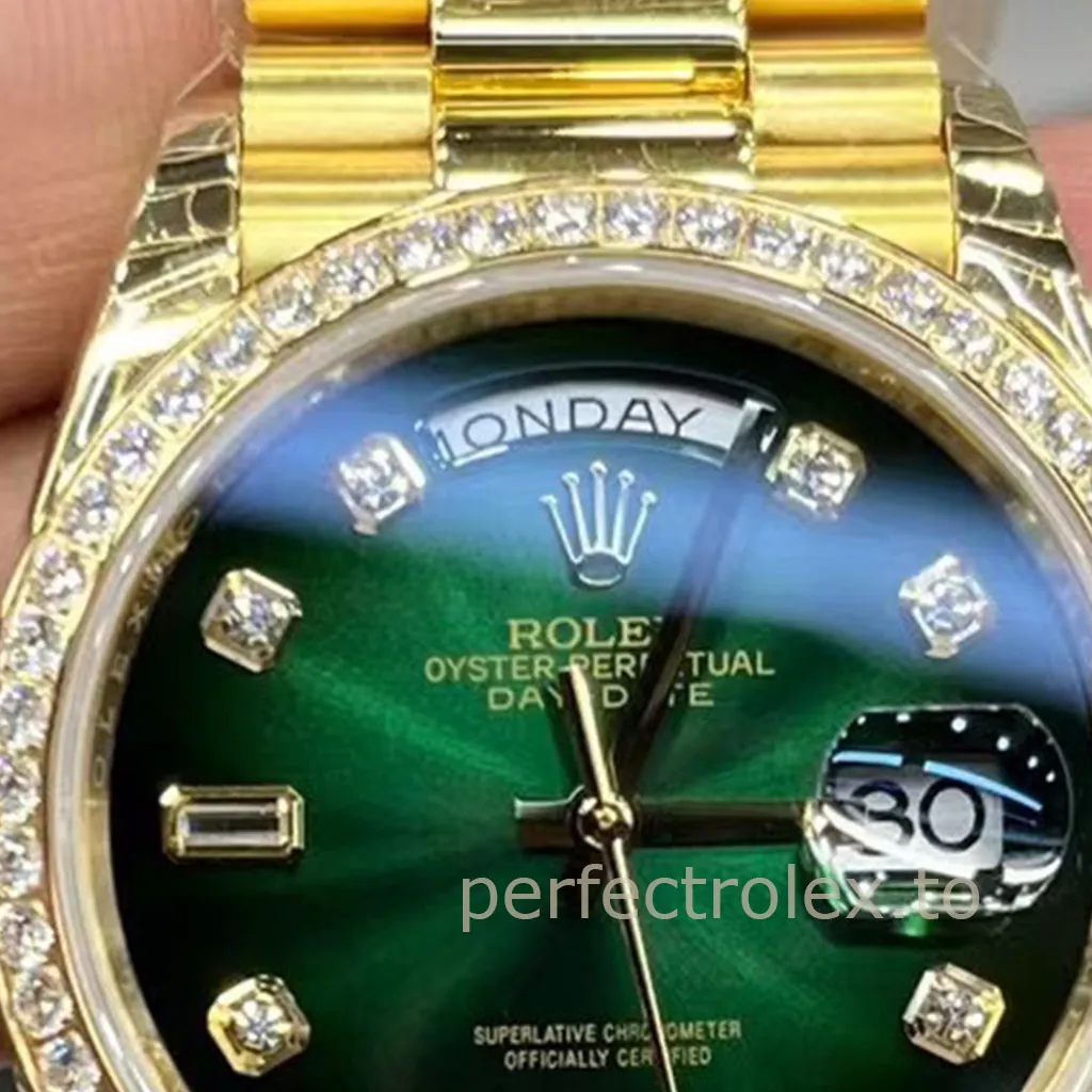 Rolex-Day-Date-M128348RBR-0035-Replica-Watch-36mm-Green-Dial-904L-Steel-and-3255-Movement-Dial-Detail-2