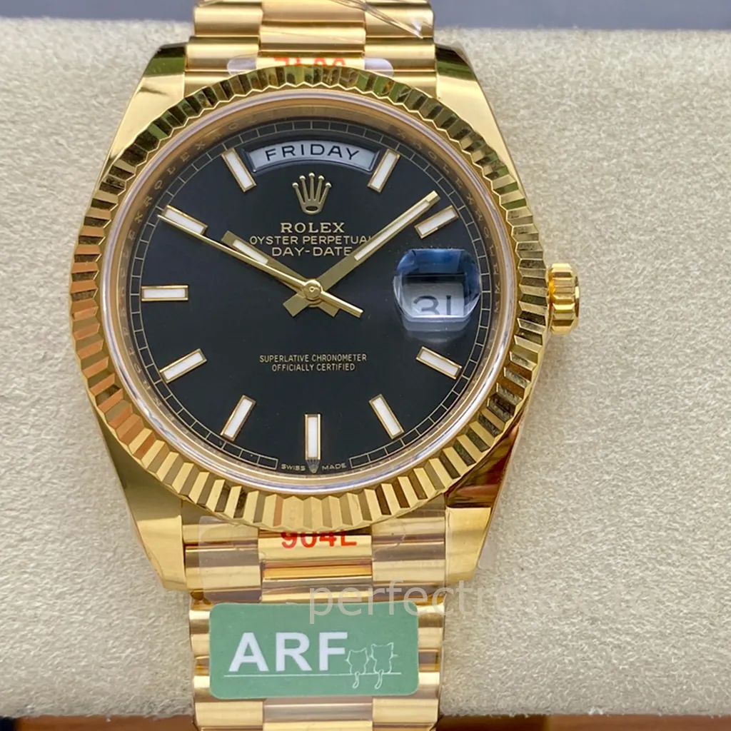 Rolex-Day-Date-M228238-0067-40mm-Black-Dial-Gold-Tone-904L-Steel-Super-Clone-Watch-Front-View-1