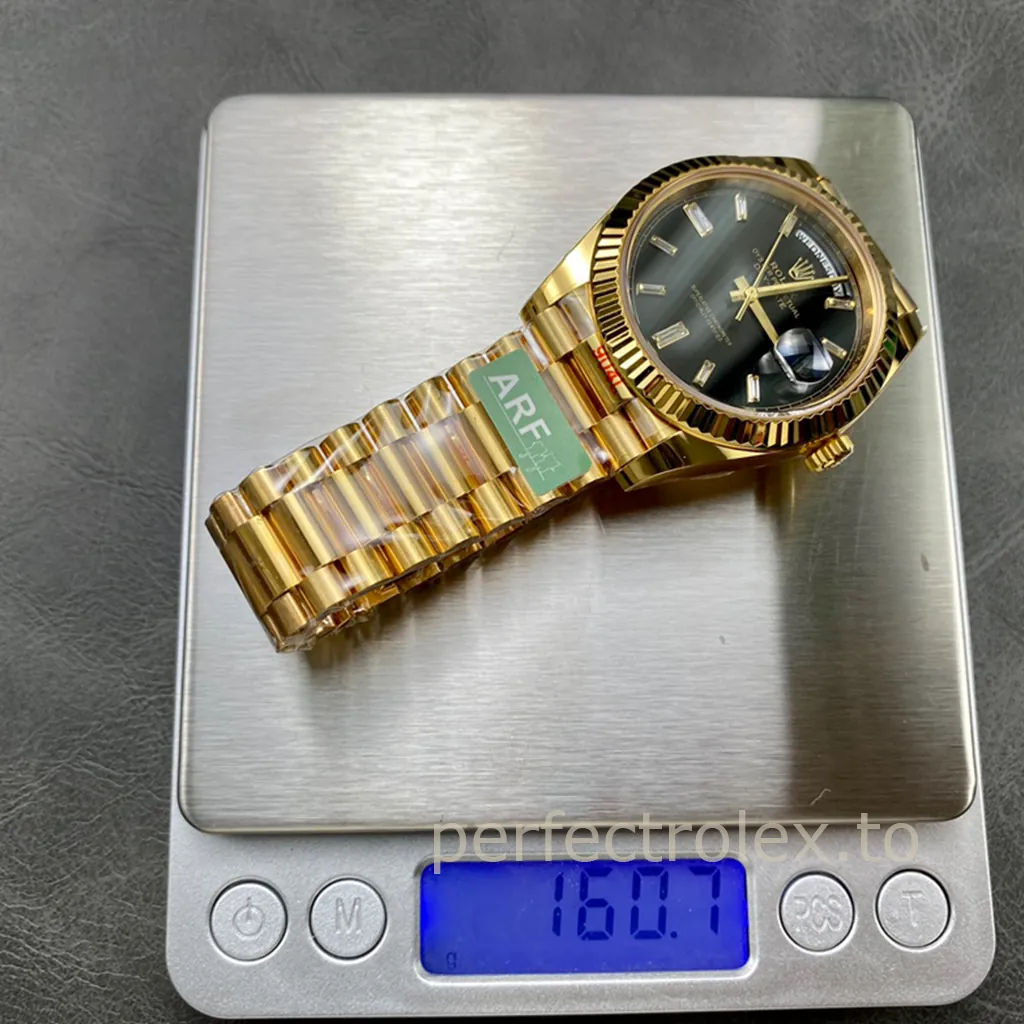 Rolex-Day-Date-M228238-0004-3255-Automatic-40mm-Black-Dial-Gold-Tone-Super-Clone-Watch-Weight-Chart
