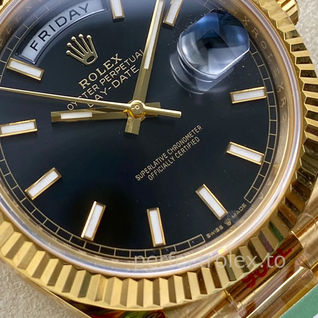 Rolex-Day-Date-M228238-0067-40mm-Black-Dial-Gold-Tone-904L-Steel-Super-Clone-Watch-Dial-Detail-1